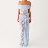 BXOXO Women Twist Maxi Dress Sexy Off Shoulder Lace Patchwork Knot Waistband Mesh Bodycon Long Dress Prom Cocktail Party